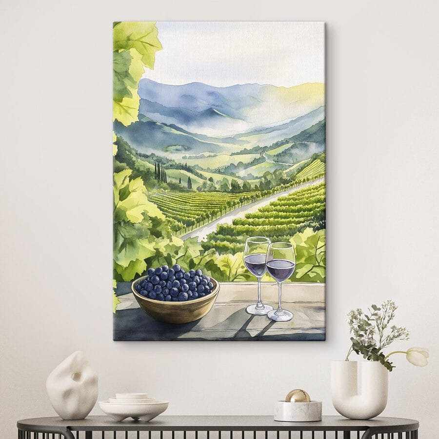 Maľba pohárov na víno a hrozna na stole pred vinicou
