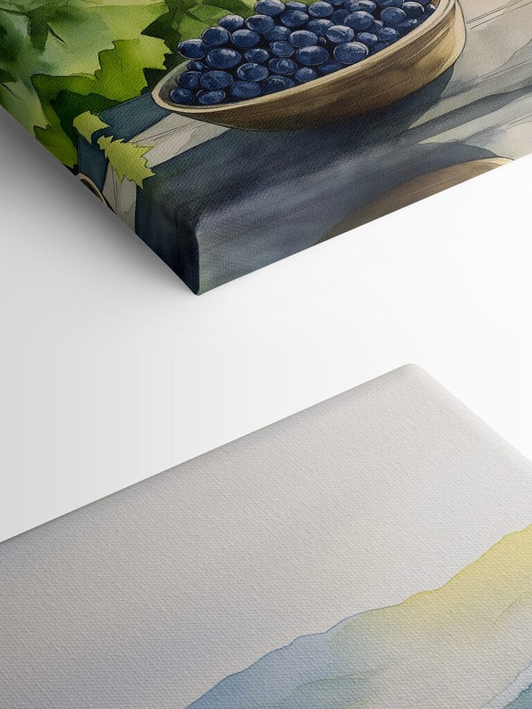 Painting of wine glasses and grapes on a table in front of a vineyard Painting of wine glasses and grapes on a table in front of a vineyard