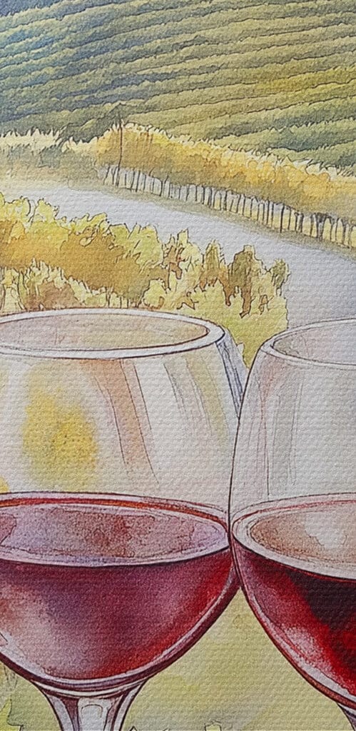Watercolor painting of wine glasses and grapes