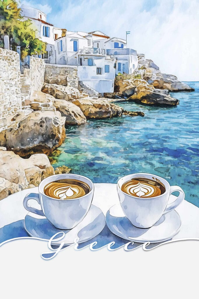 Two cups of coffee on a table by the water Two cups of coffee on a table by the water
