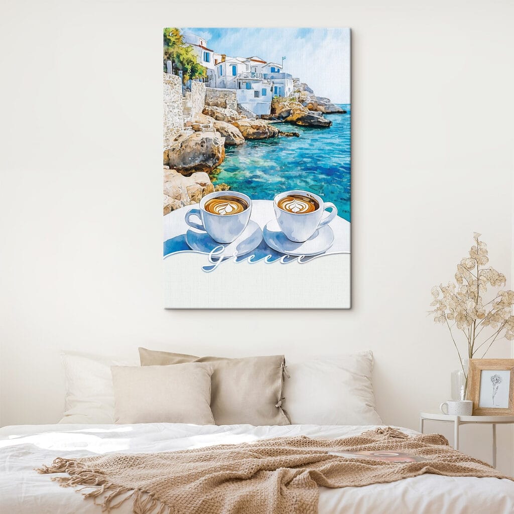 Two cups of coffee on a table by the water Two cups of coffee on a table by the water