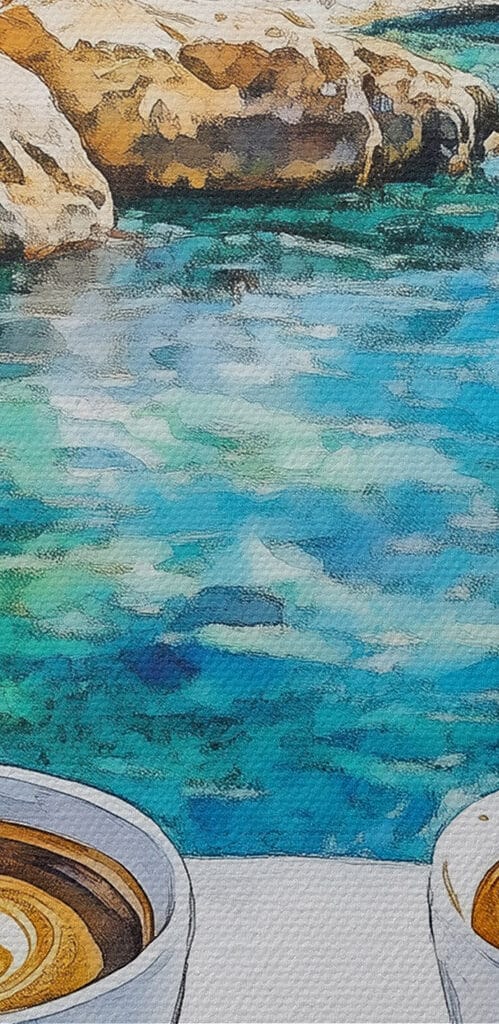 Two cups of coffee on a table by the water Two cups of coffee on a table by the water