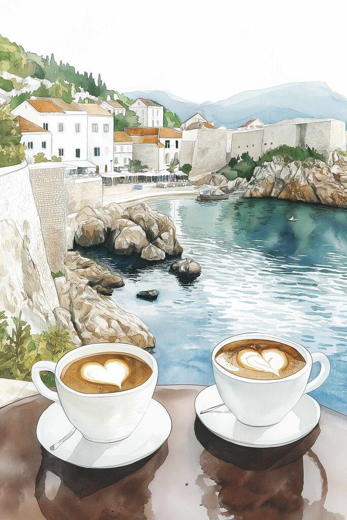 Two cups of coffee with a heart shaped foam on top of a table overlooking a body of water Two cups of coffee with a heart shaped foam on top of a table overlooking a body of water