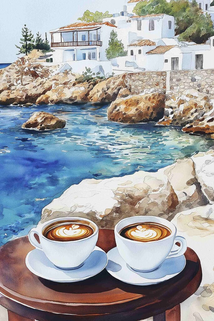 Two cups of coffee on a table next to a body of water