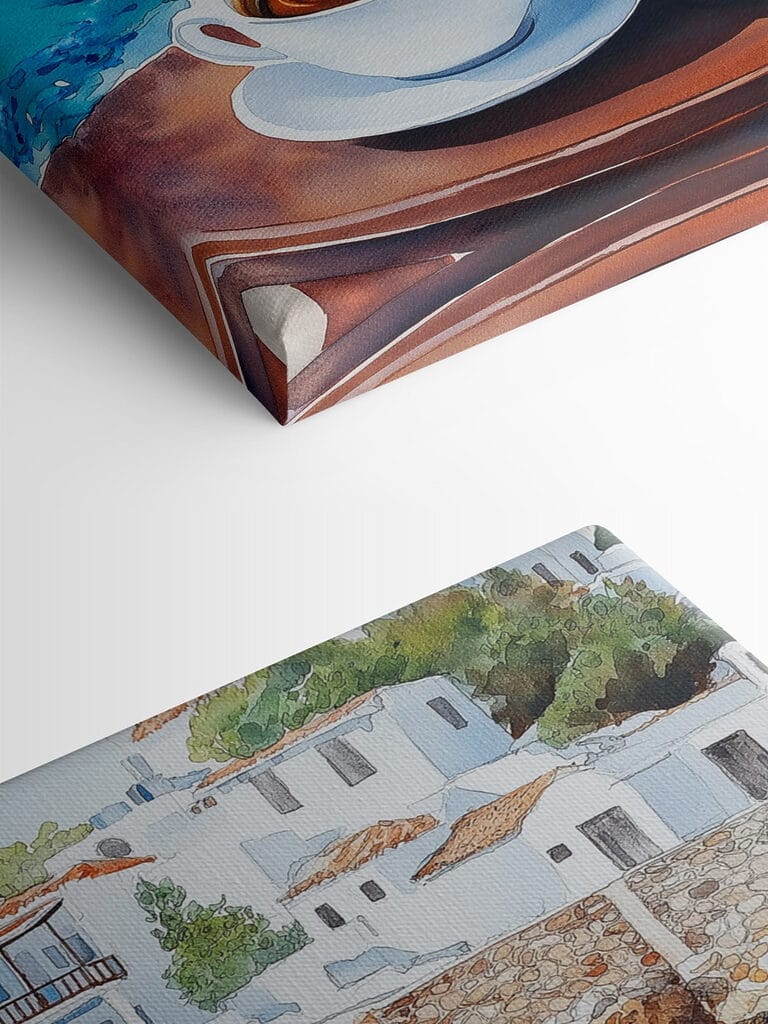 Two cups of coffee on a table next to a body of water