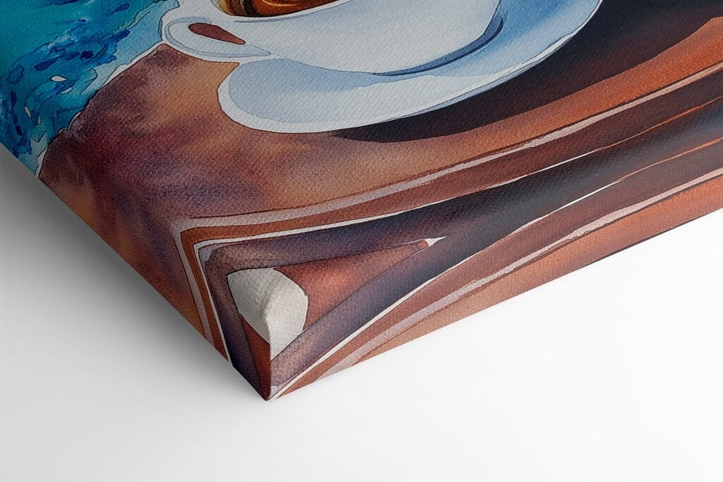 Two cups of coffee on a table next to a body of water