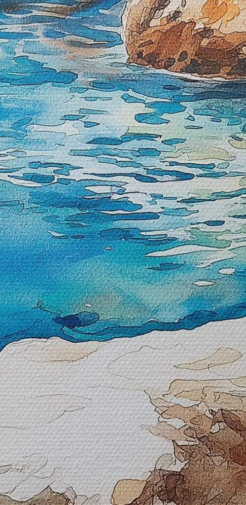 Two cups of coffee on a table next to a body of water