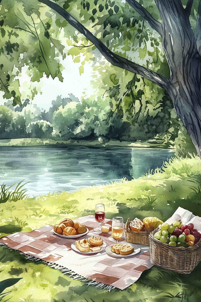 Watercolor painting of food on a picnic blanket by a lake
