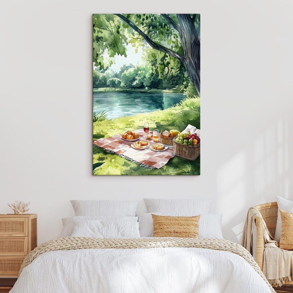 Watercolor painting of food on a picnic blanket by a lake