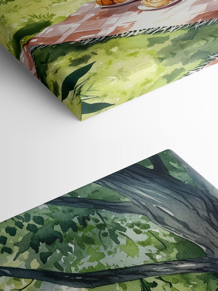 Watercolor painting of food on a picnic blanket by a lake