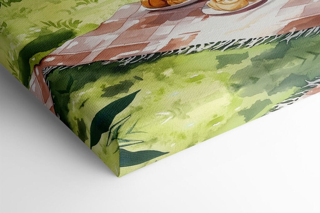 Watercolor painting of food on a picnic blanket by a lake