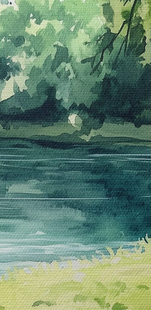 Watercolor painting of food on a picnic blanket by a lake