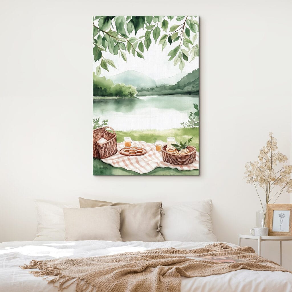 Watercolor painting of a picnic blanket with a basket and food on it Watercolor painting of a picnic blanket with a basket and food on it