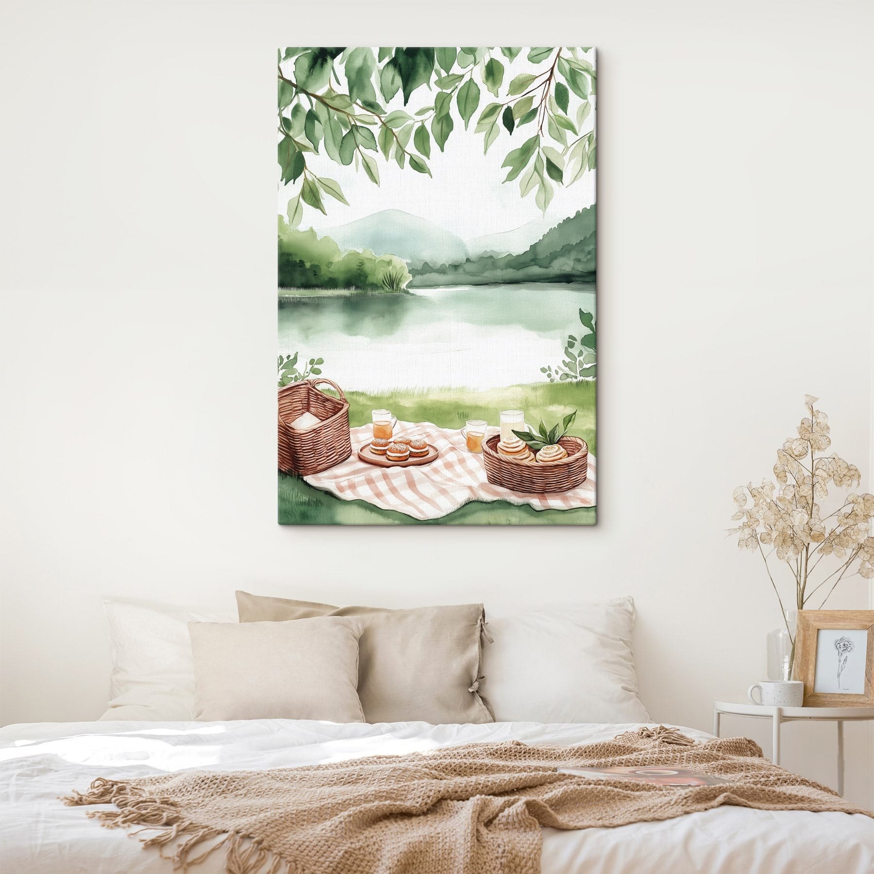 Watercolor painting of a picnic blanket with a basket and food on it Watercolor painting of a picnic blanket with a basket and food on it