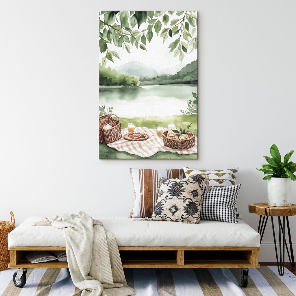 Watercolor painting of a picnic blanket with a basket and food on it Watercolor painting of a picnic blanket with a basket and food on it