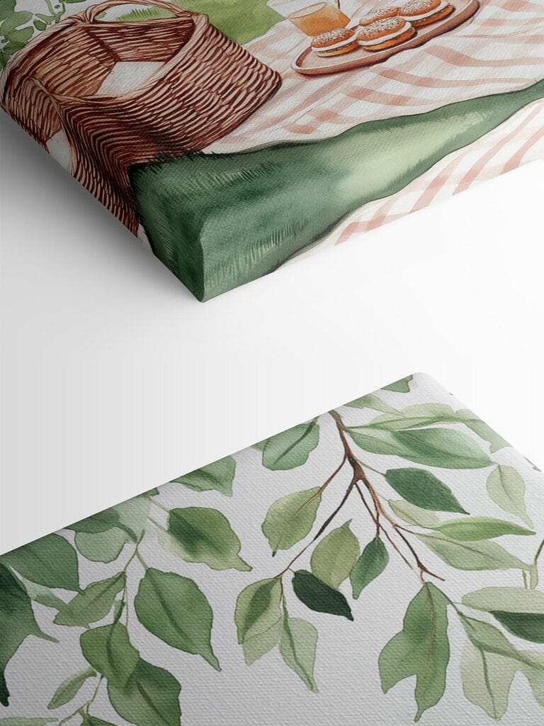 Watercolor painting of a picnic blanket with a basket and food on it Watercolor painting of a picnic blanket with a basket and food on it