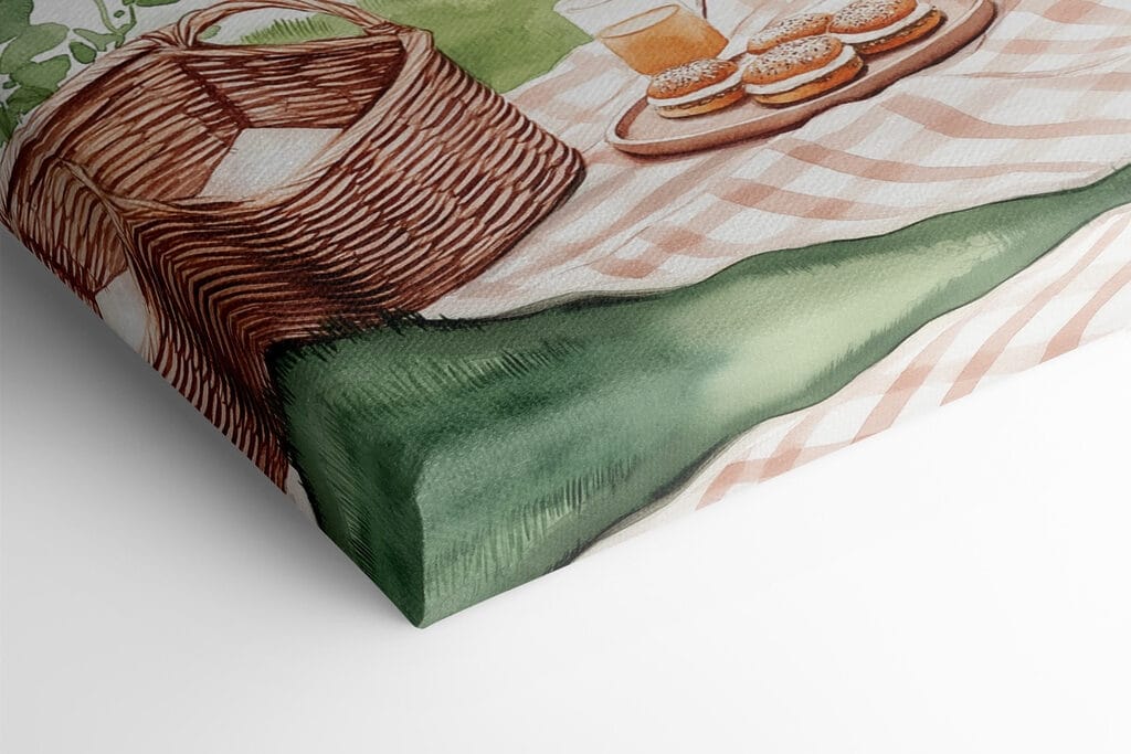 Watercolor painting of a picnic blanket with a basket and food on it Watercolor painting of a picnic blanket with a basket and food on it