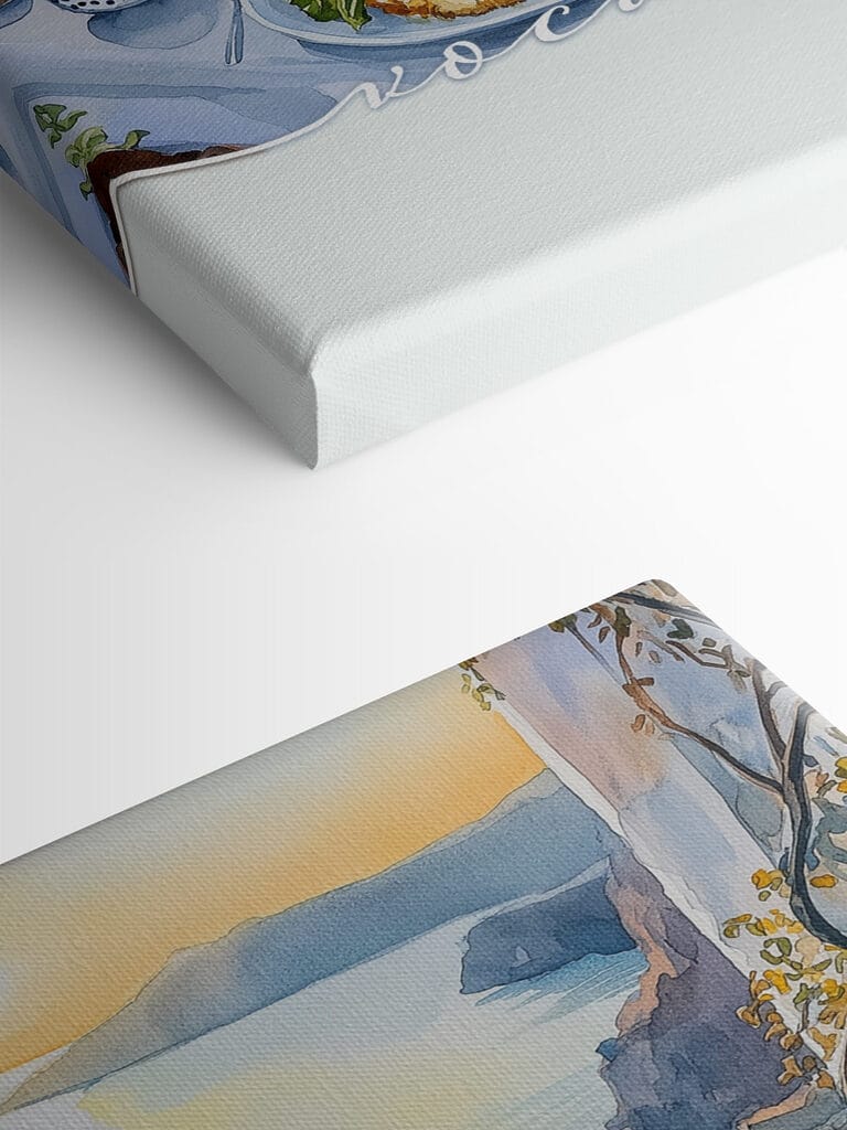 Table with food on it by water Table with food on it by water