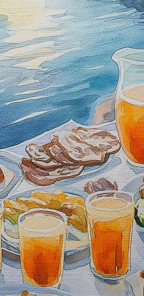 Table with food on it by water Table with food on it by water