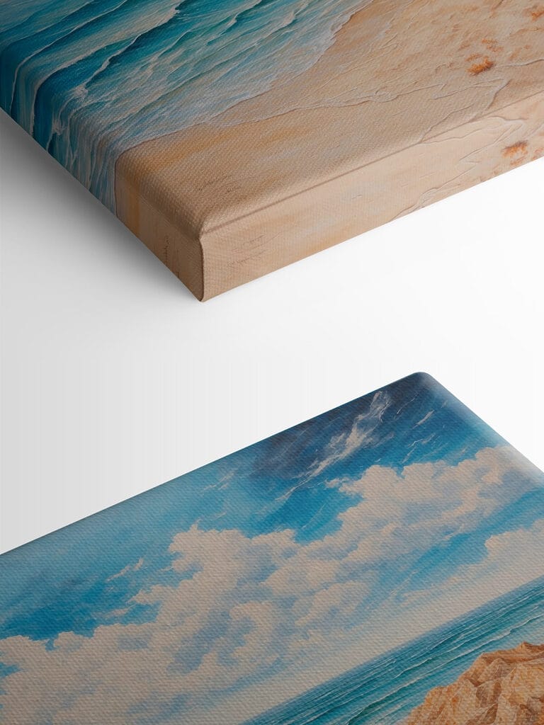 Painting of a beach with sand and water