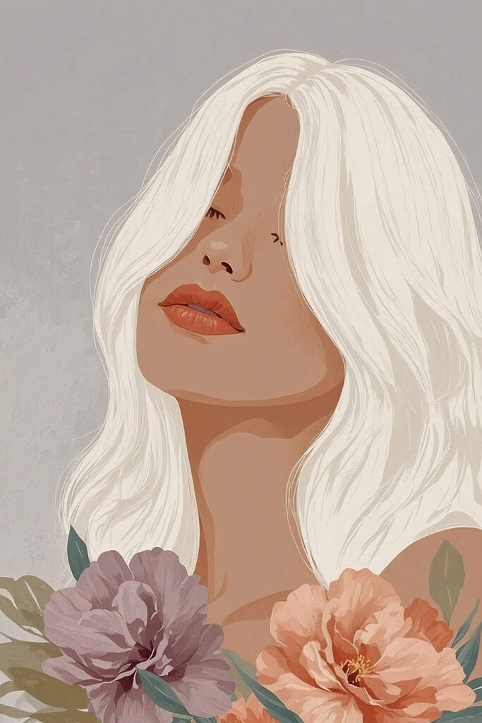 Woman with long white hair and flowers