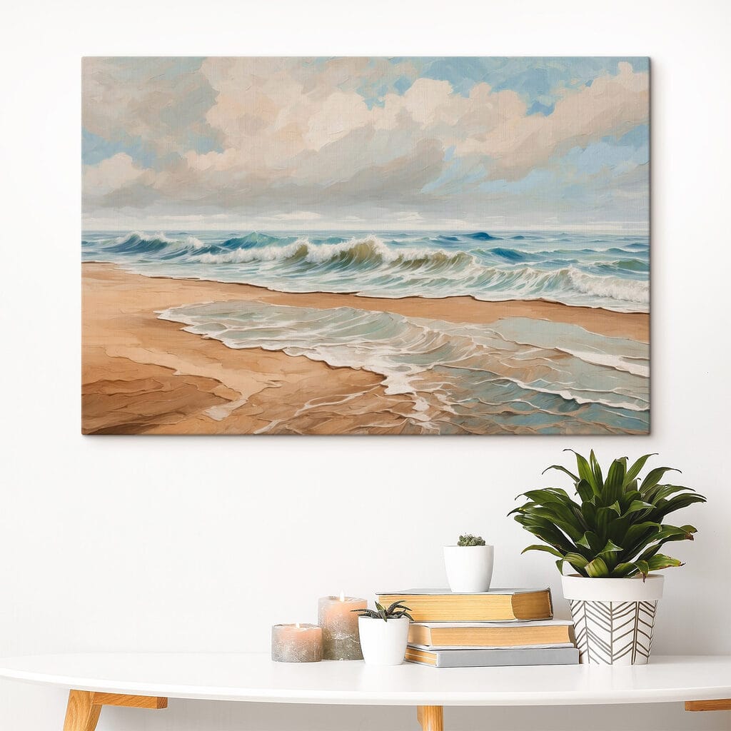 Painting of waves crashing on a beach