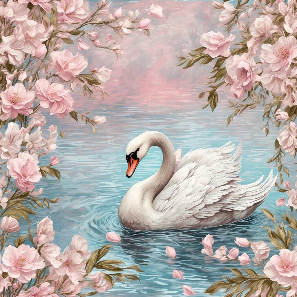 Swan swimming in water with pink flowers Swan swimming in water with pink flowers