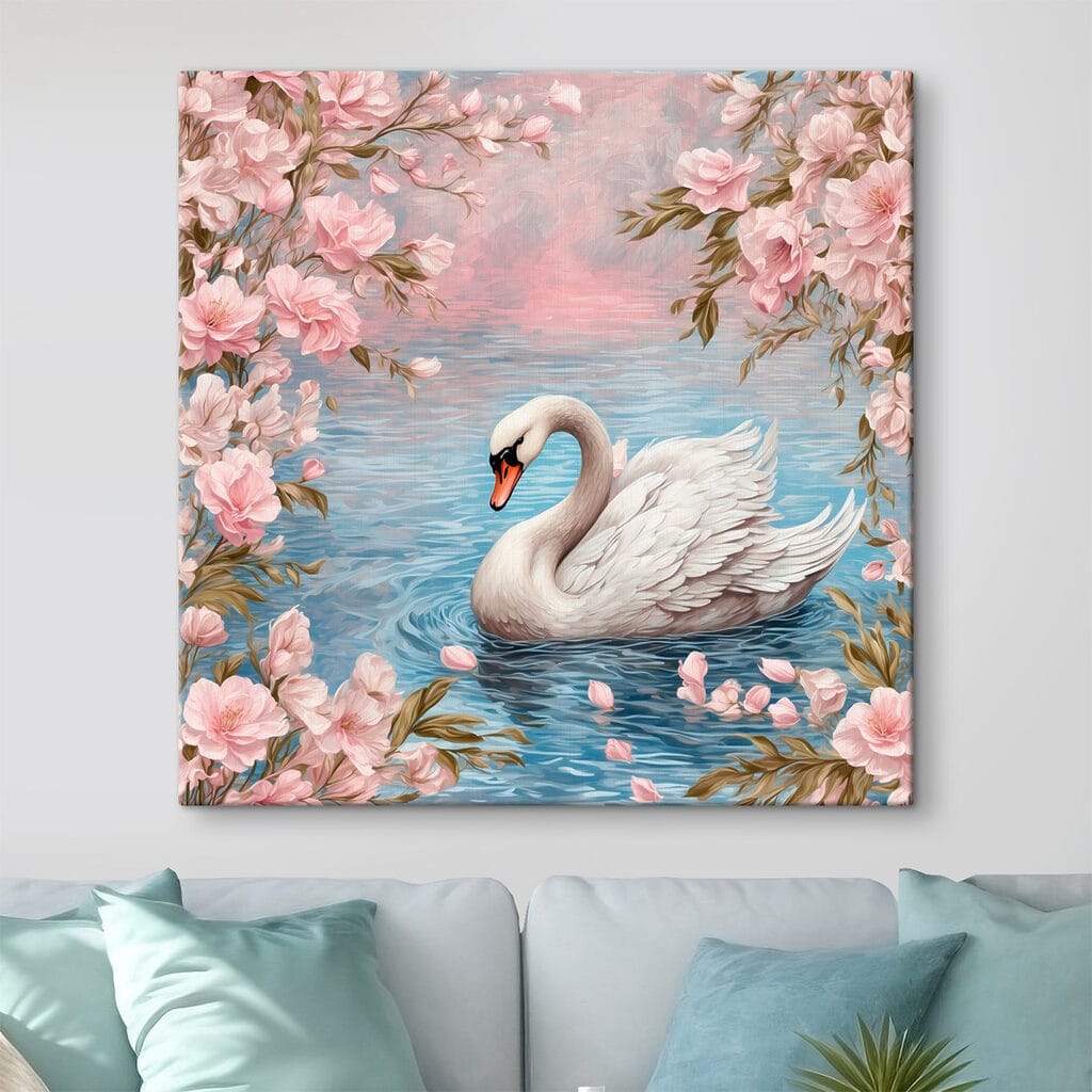 Swan swimming in water with pink flowers Swan swimming in water with pink flowers