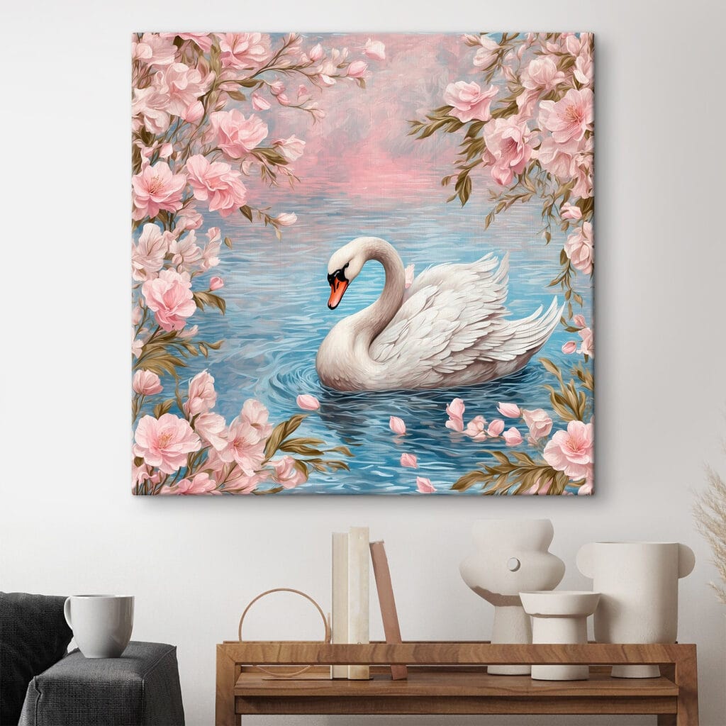 Swan swimming in water with pink flowers Swan swimming in water with pink flowers