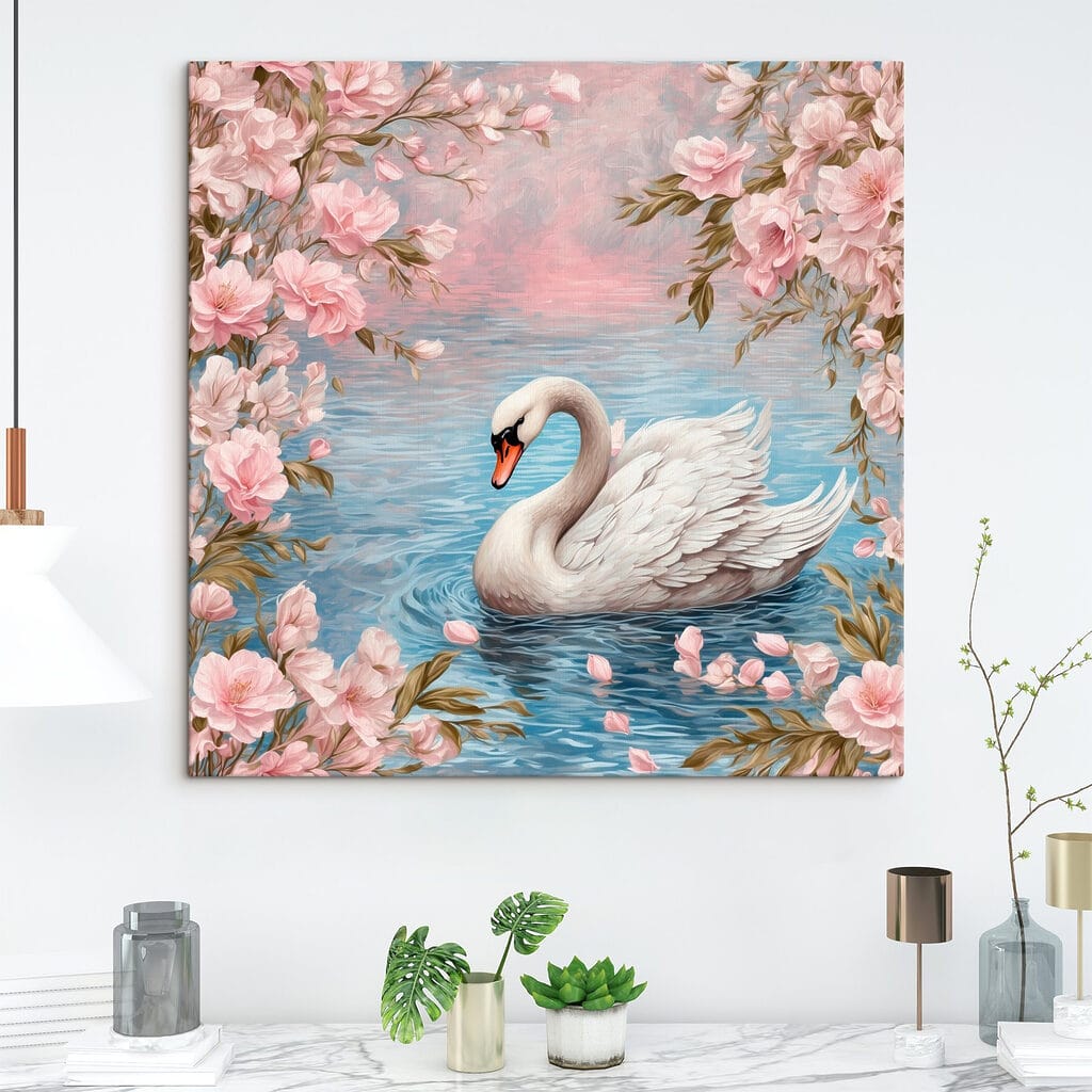 Swan swimming in water with pink flowers Swan swimming in water with pink flowers