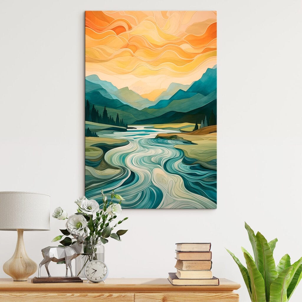 Painting of a river running through a valley Painting of a river running through a valley