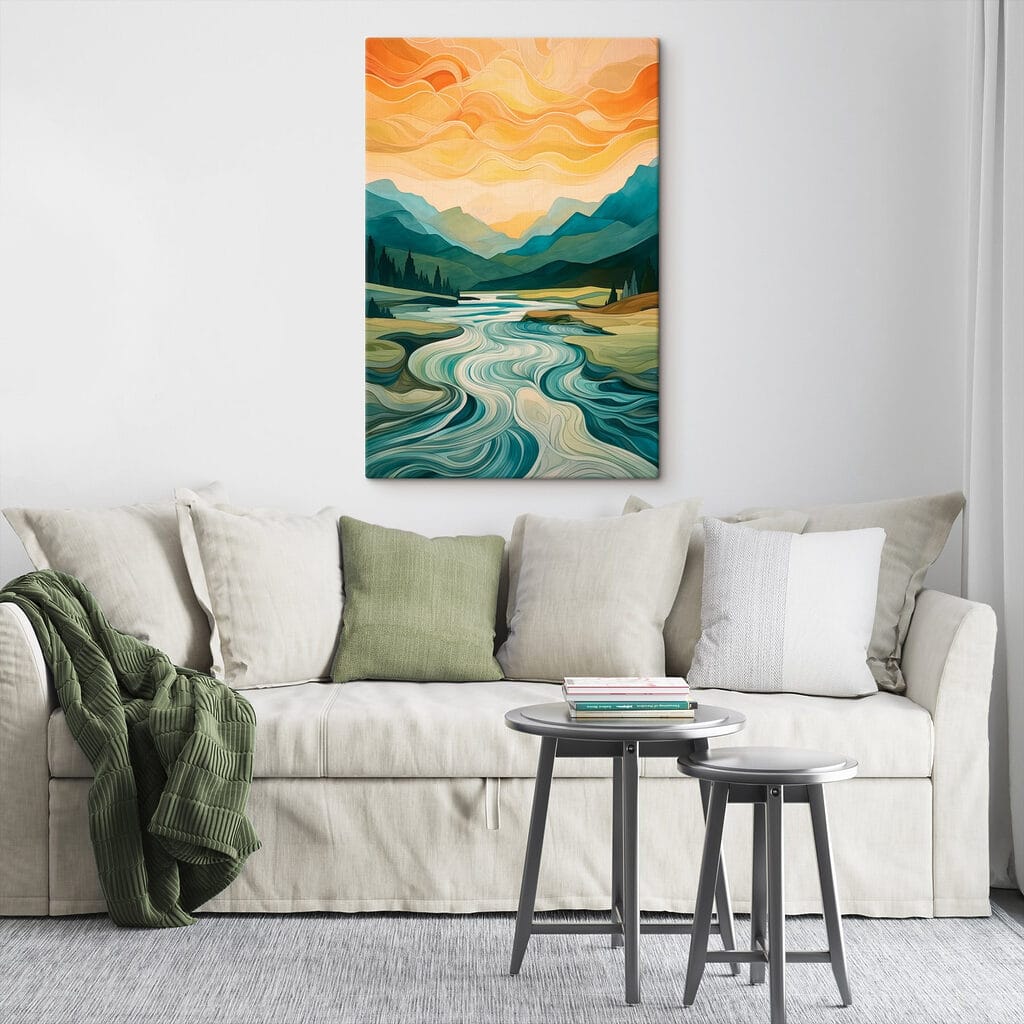 Painting of a river running through a valley Painting of a river running through a valley
