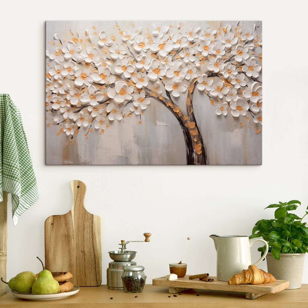 Painting of a tree with white flowers