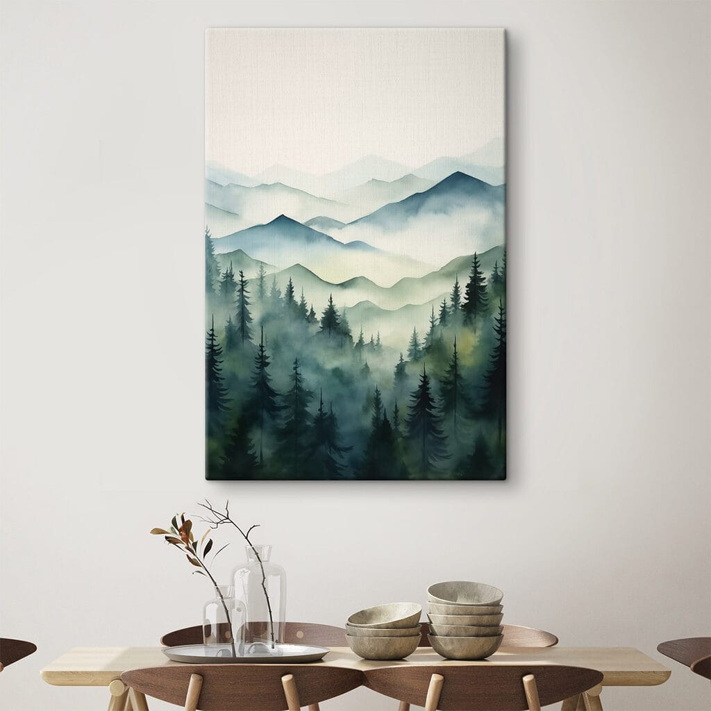 Painting of a mountain range with trees and fog