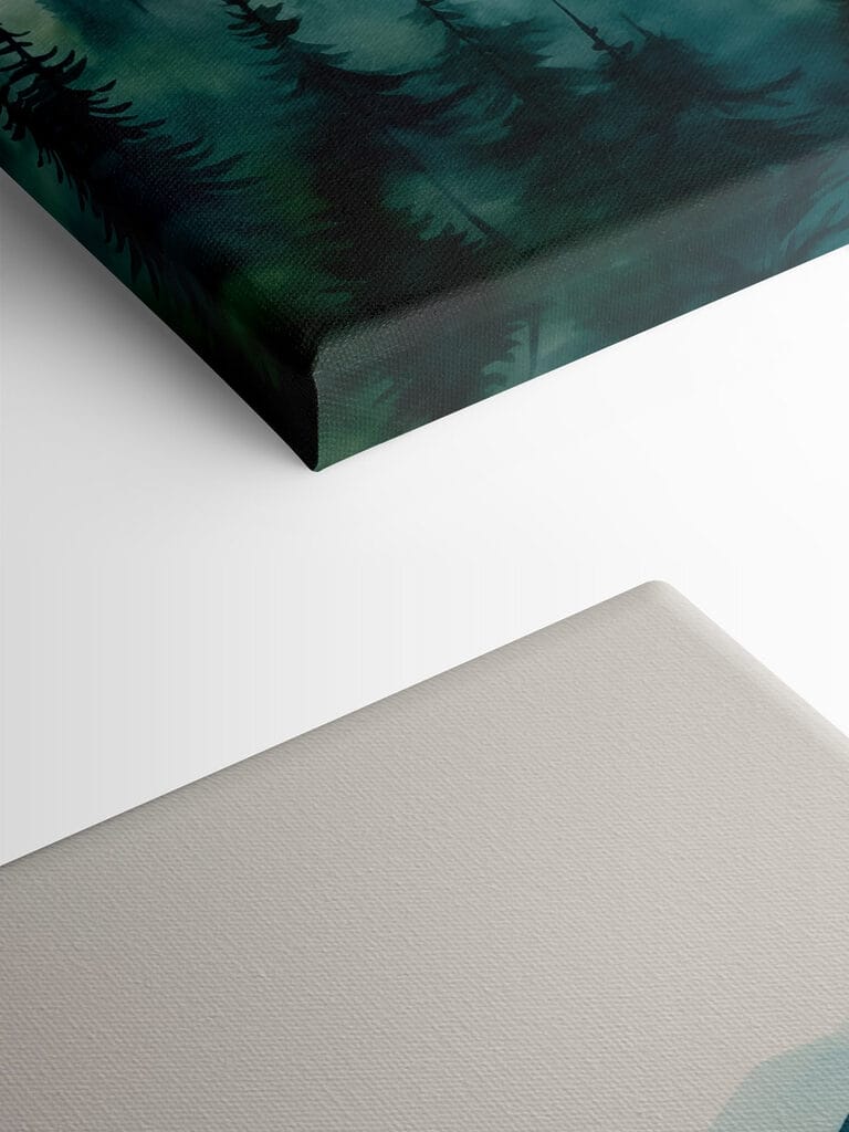 Painting of a mountain range with trees and fog