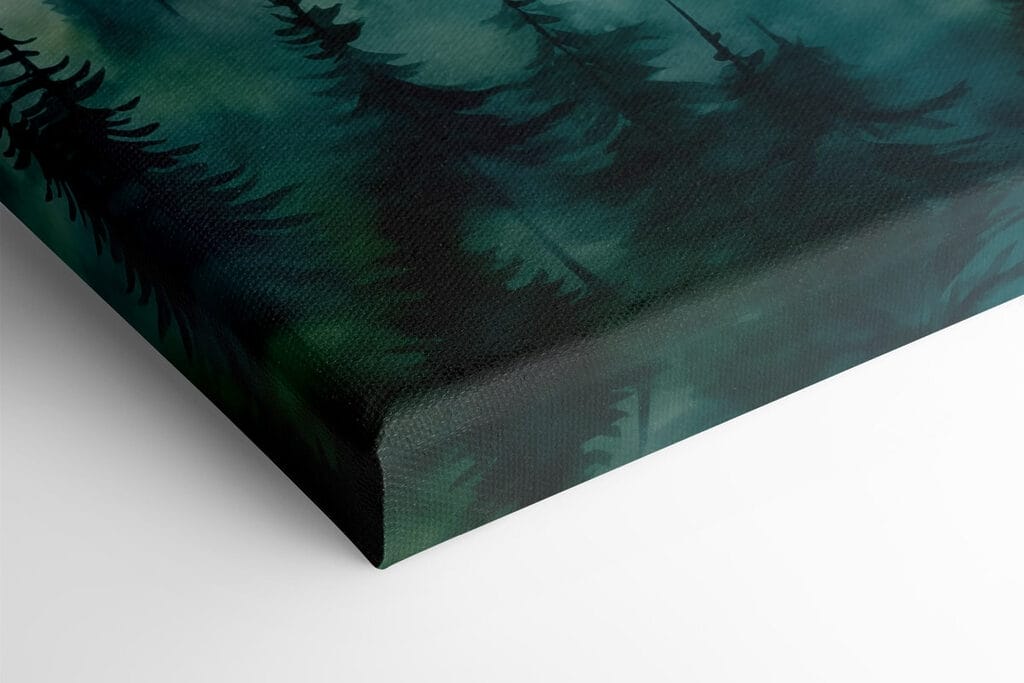 Painting of a mountain range with trees and fog