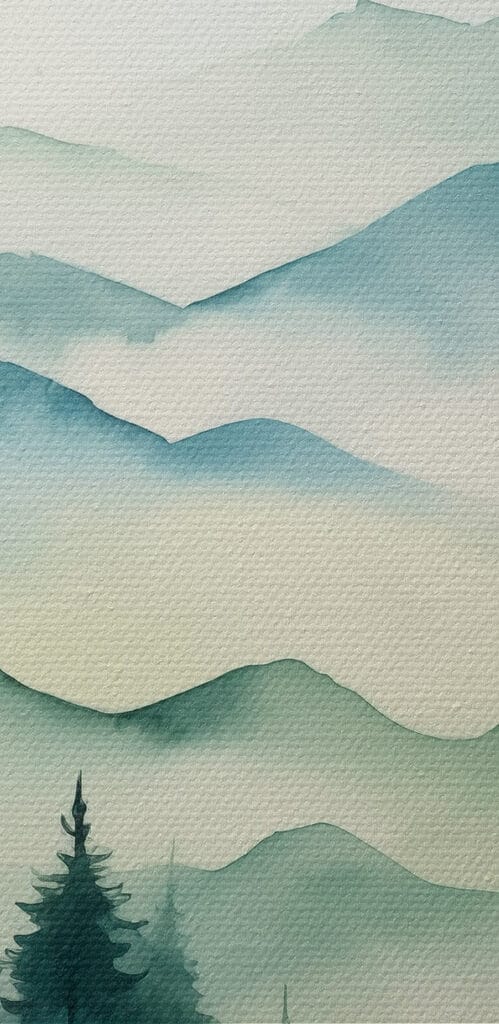 Painting of a mountain range with trees and fog