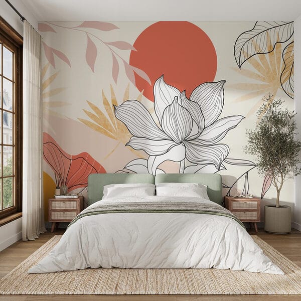 Flower and leaves with red sun Flower and leaves with red sun