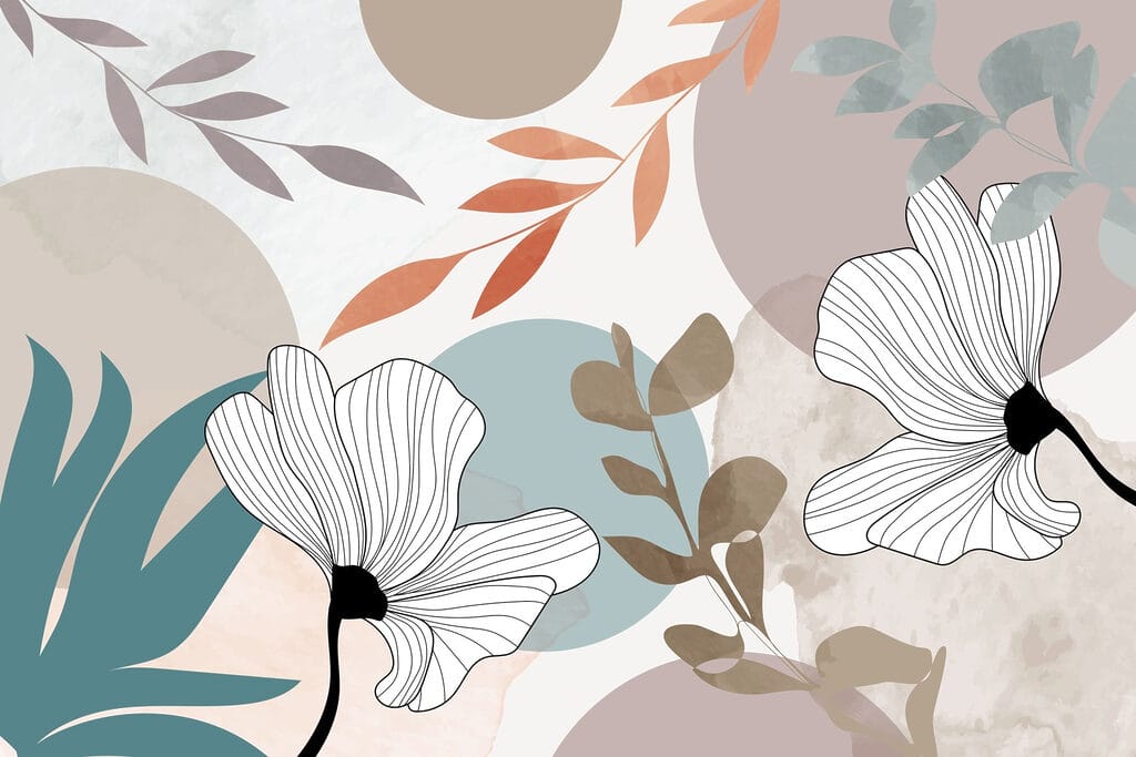 White flowers with brown leaves and blue circles White flowers with brown leaves and blue circles