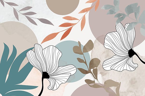 White flowers with brown leaves and blue circles White flowers with brown leaves and blue circles