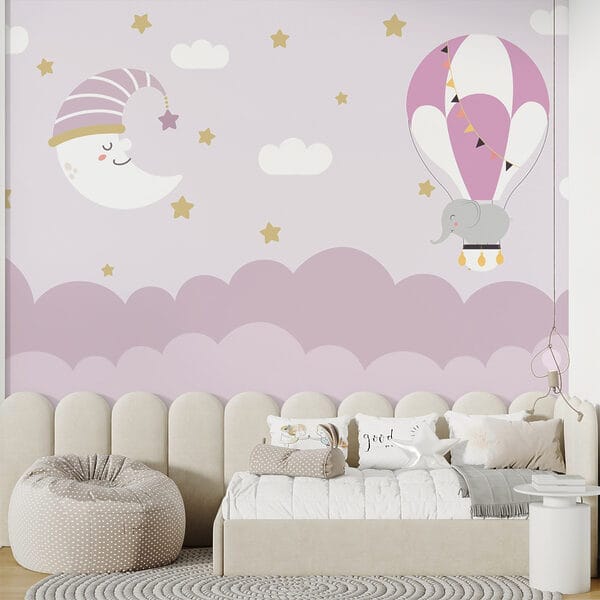 Cartoon elephant and moon in a balloon