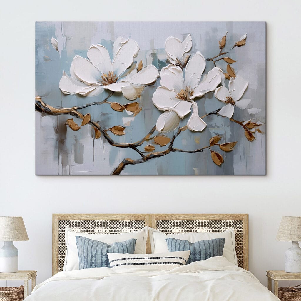 Painting of white flowers on a branch