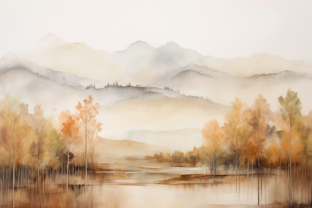 Watercolor painting of trees and mountains