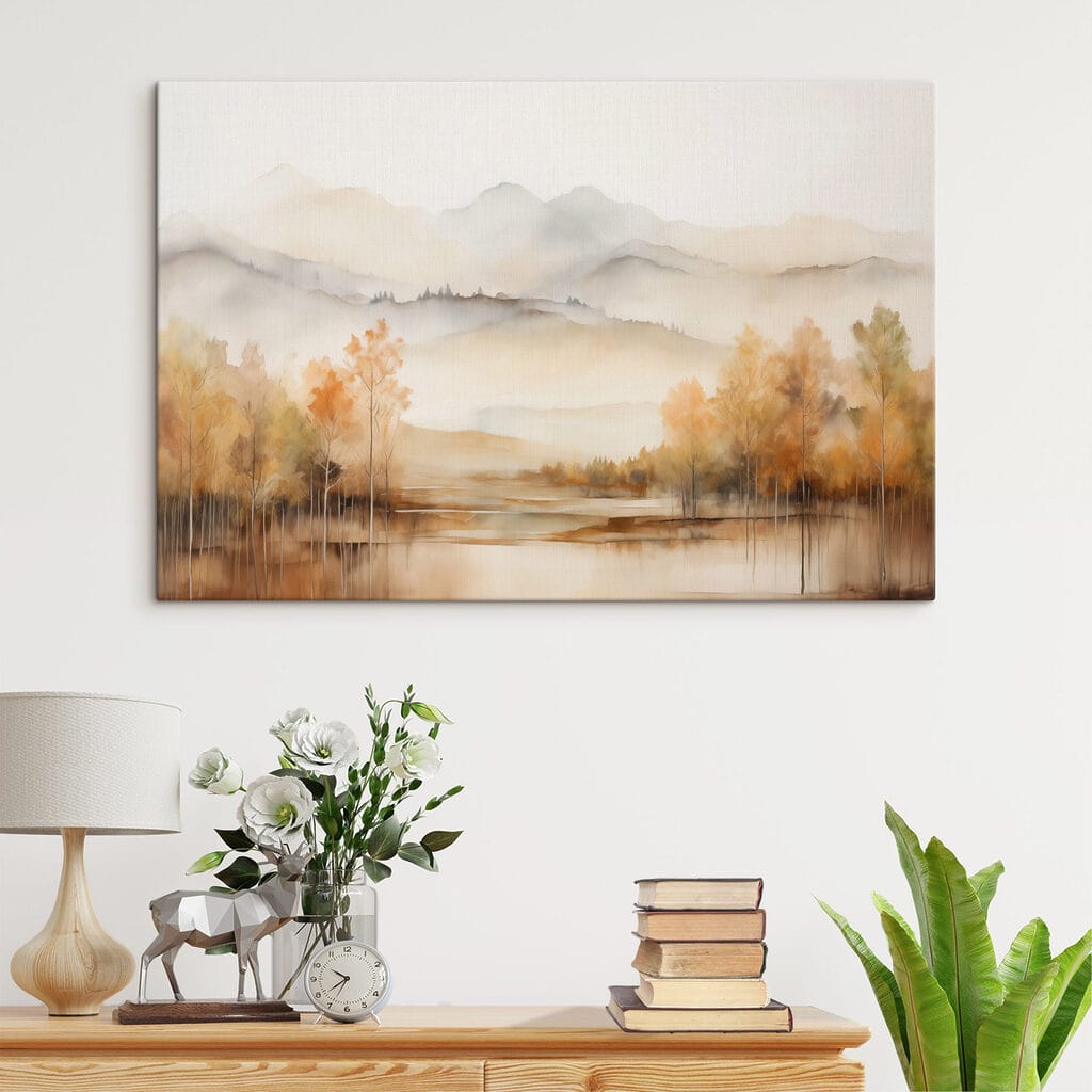 Watercolor painting of trees and mountains