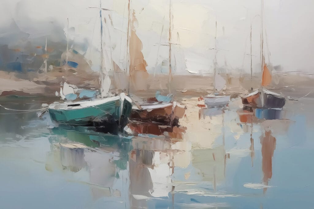 Painting of boats in a harbor Painting of boats in a harbor