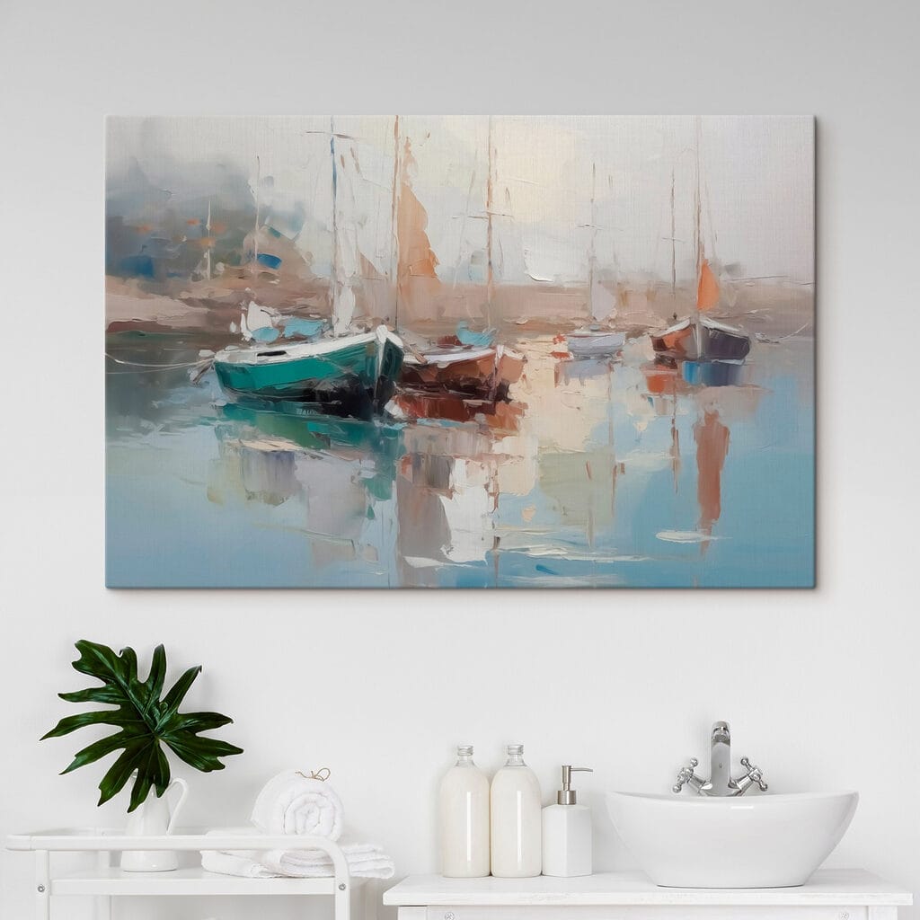 Painting of boats in a harbor Painting of boats in a harbor