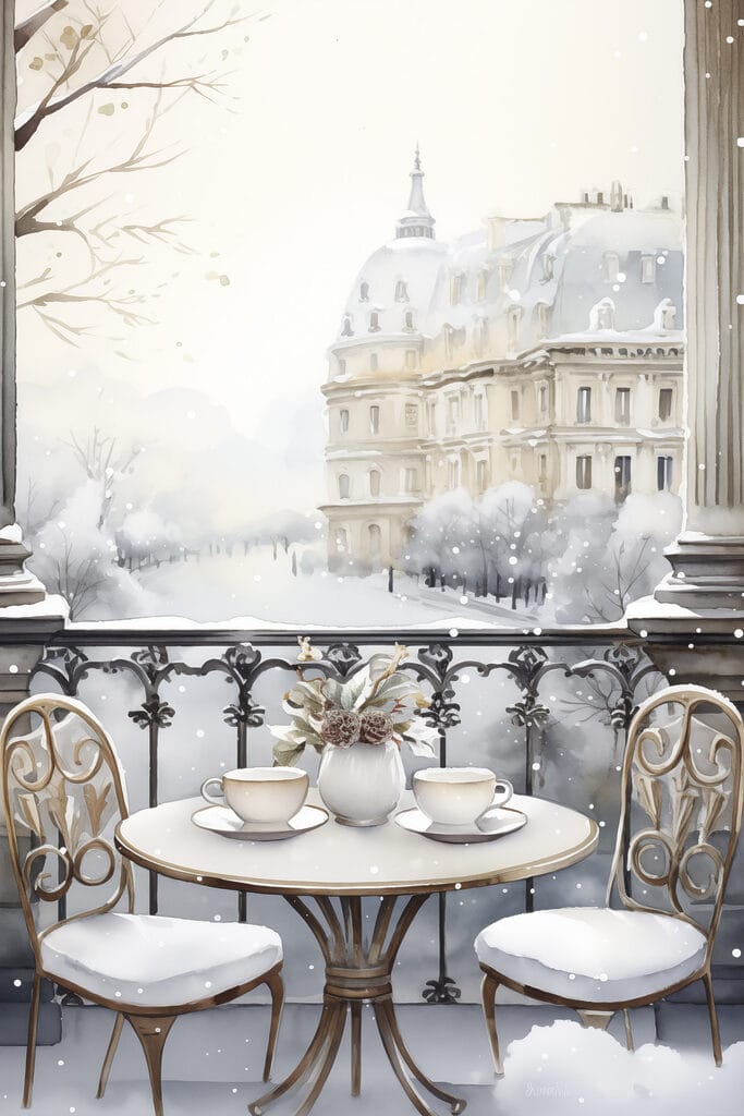 Table with cups and a vase of flowers on it with a snowy landscape Table with cups and a vase of flowers on it with a snowy landscape