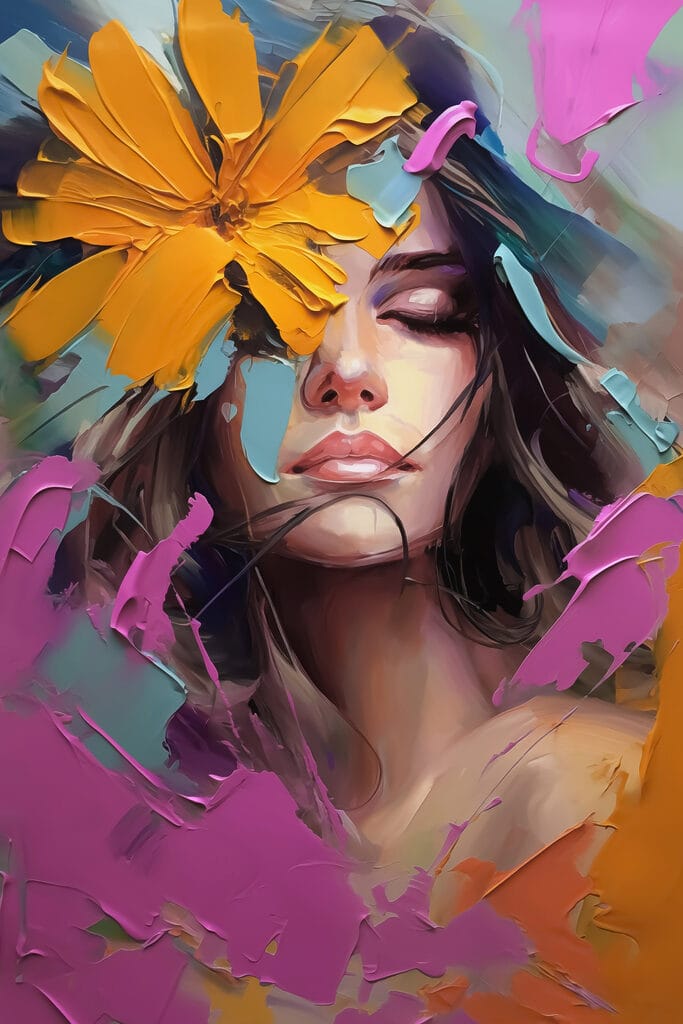 Painting of a woman with flowers on her face