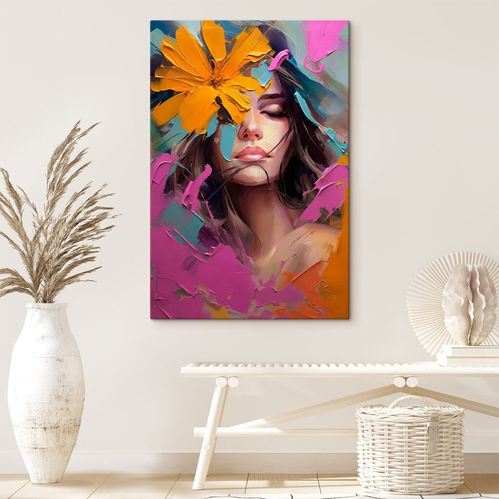 Painting of a woman with flowers on her face