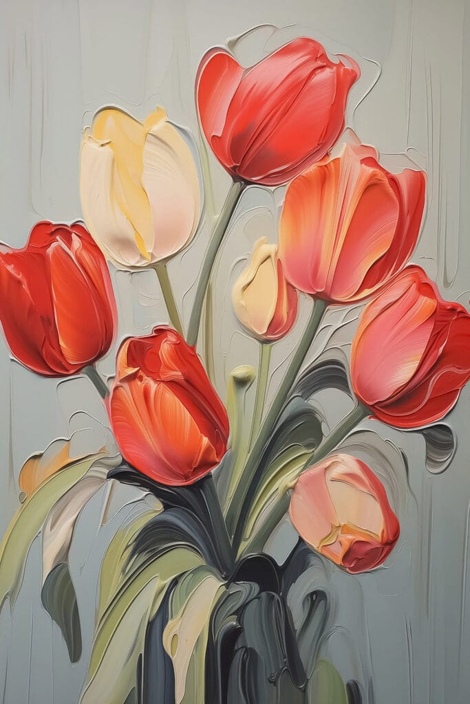 Painting of tulips on a grey background